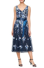NWT ALEX EVENINGS Embroidered Mesh A-line Cocktail Dress In Navy Multi SIZE 8