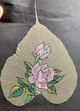    GORGEOUS Hand Painted Pink Roses on Large Peepal Leaf   