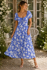 Derek Heart Floral Smocked Midi Dress Small Blue White Cottagecore Puff Sleeve