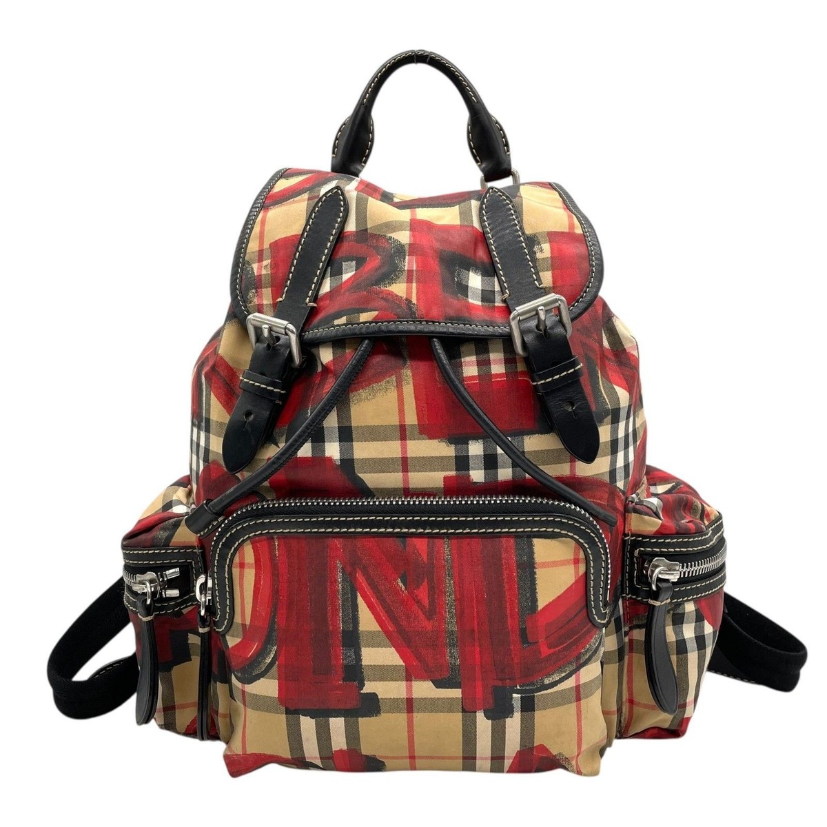 BURBERRY Graffiti Check Backpack Nylon Canvas Leather color beige