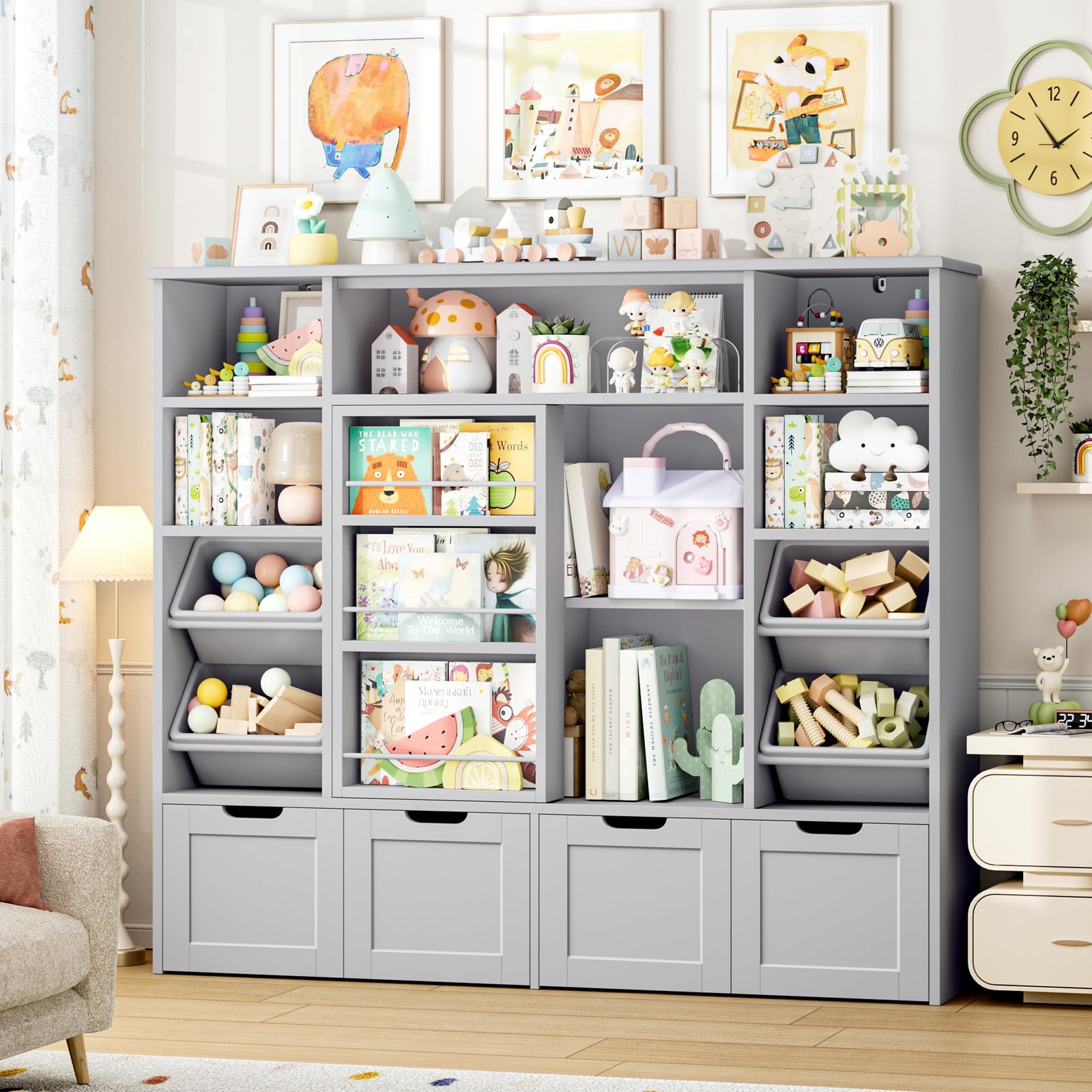 Toy Storage Bookcase w/4 Drawers & 4 Bins for Kids Playroom Grey 55.1"