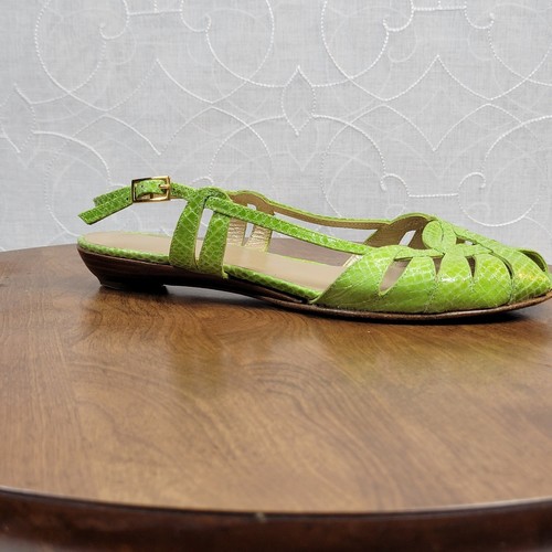 Stuart Weitzman Womens Sandals 7.5 Green Snakeskin Leather Peep Toe Slingback - Picture 12 of 12