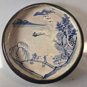 Japanese Mino Sometsuke Blue White Landscape Dish Edo Meiji Era