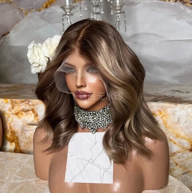 Short Bob Blonde Brown Lace Front  Human Hair Wig Blonde Beach Wavy For Women - Image 3 of 4