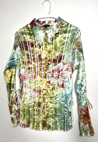 KOMAROV Top Blouse Button Up Crinkle Ties Lace size L