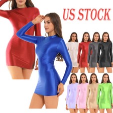 Women Glossy Bodycon Mini Dress Long Sleeve Solid Color Tights Club Nightgowns