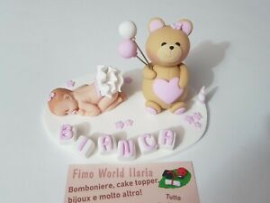 Cake Topper Decorazione Torta Battesimo Bimba E Orsetto Con Palloncini Fimo Rosa Ebay