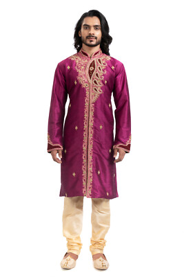 itailorman Men s Traditional Ethnic Burgundy Kurta Pajama Set Embroidered Wear
