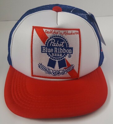Pabst Blue Ribbon Beer Embroidered Patch Cap Hat American Mesh Foam Trucker  NWT