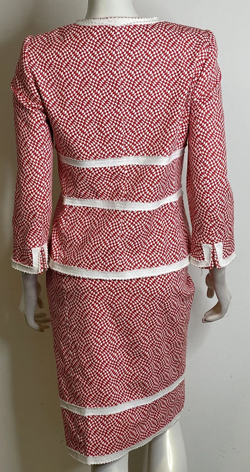 Oscar de la Renta Couture Rojo Blanco Falda Traje 8 Italia Algodón Chic 2 Piezas 3/4 Slv Foto 2 de 4