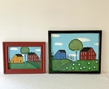 Set of 2 Primitive Saltbox Houses Paintings Framed Sheep Tree Country Signed