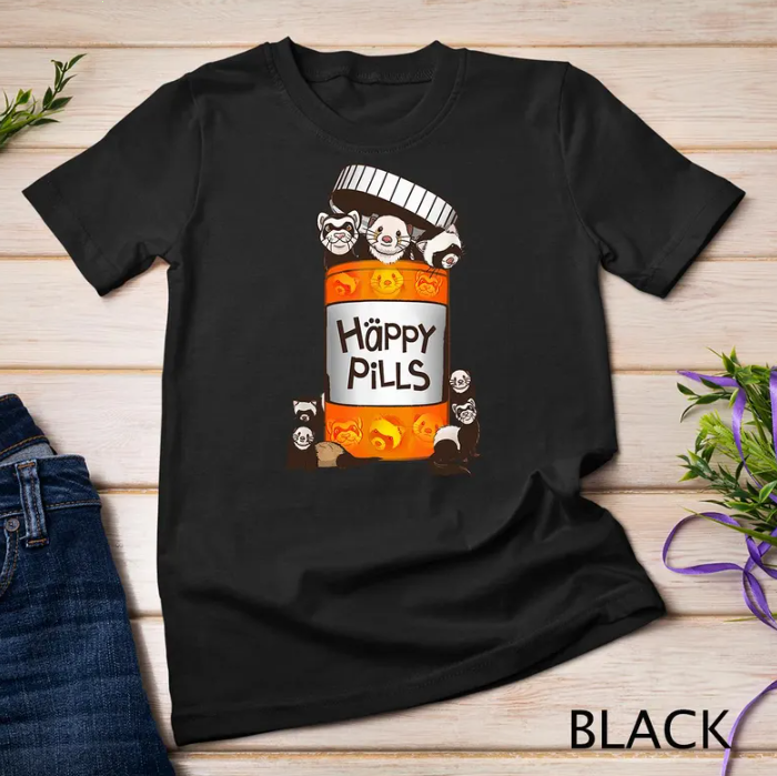 New T-Shirt  Unisex Ferret Happy Pills Cute Ferret Lover T-Shirt Unisex