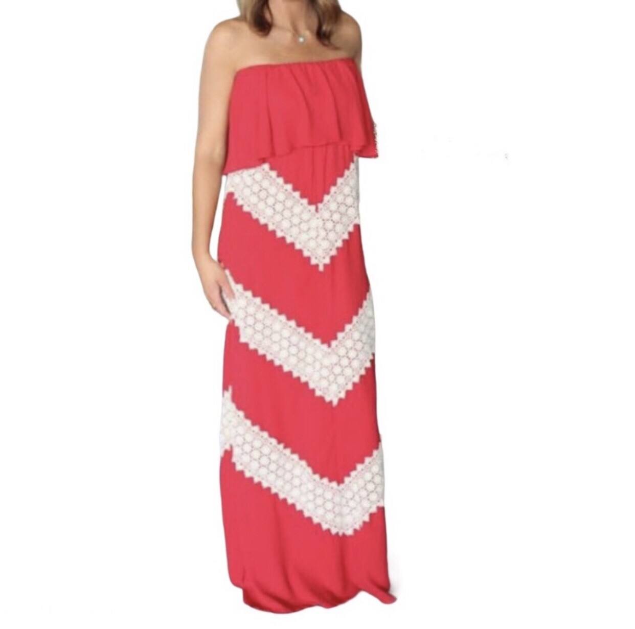 Judith March Crochet Maxi Dress Size Large Strapless Boho Beach Long Chevron