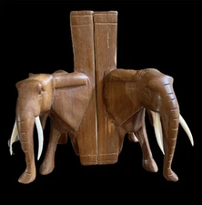 Wood Elephant Teak Bookends (2) Hand Carved Vietnam 6.75”T African Tusks Vntg