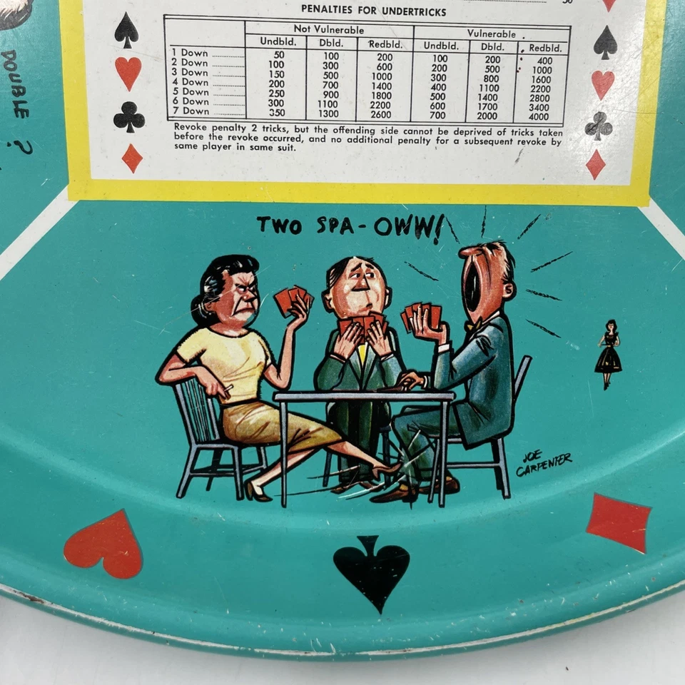 Винтажный 60-х круглый оловянный бар напиток лоток MCM карточная игра контракт мост забивая искусства смешной - Изображение 3 из 4