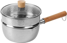 18/0 Stainless Steel Sauce Pan with Steamer 1.9 Quart Saucepan with Lid Wooden H