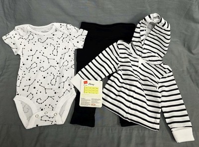 Hanes Baby Flexy 6-12 Mos Three Piece Set Black White Hoodie Romper Leggings NEW