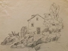 Beautiful 19th Century Drawing Pencil Prosper Barbot Art Antique Stamp Landscape House Mill