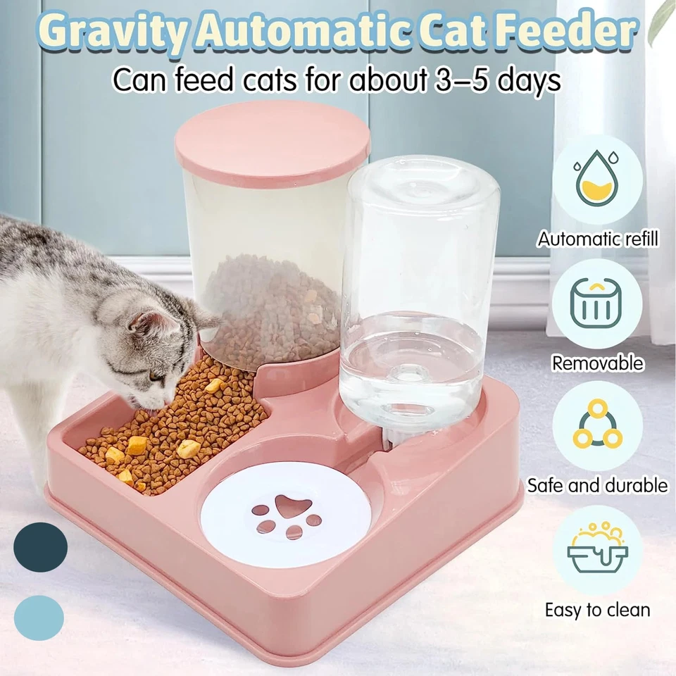 Conjunto automático de alimentador e dispensador de água para gatos 2 em 1 sem necessidade de energia, fácil limpeza - Imagem 2 de 2