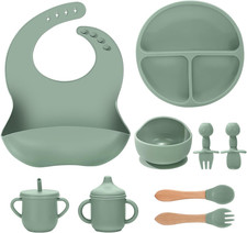 Silicone Baby Feeding Set 9 Pcs, Spill-Proof Suction Plate, Bowl, Bib, Silicone
