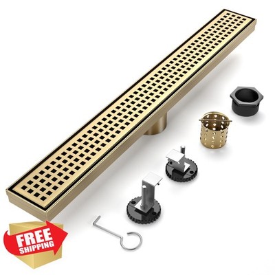 Brushed Gold Linear Shower Drain 24'' Stainless Steel Quadrato Grate