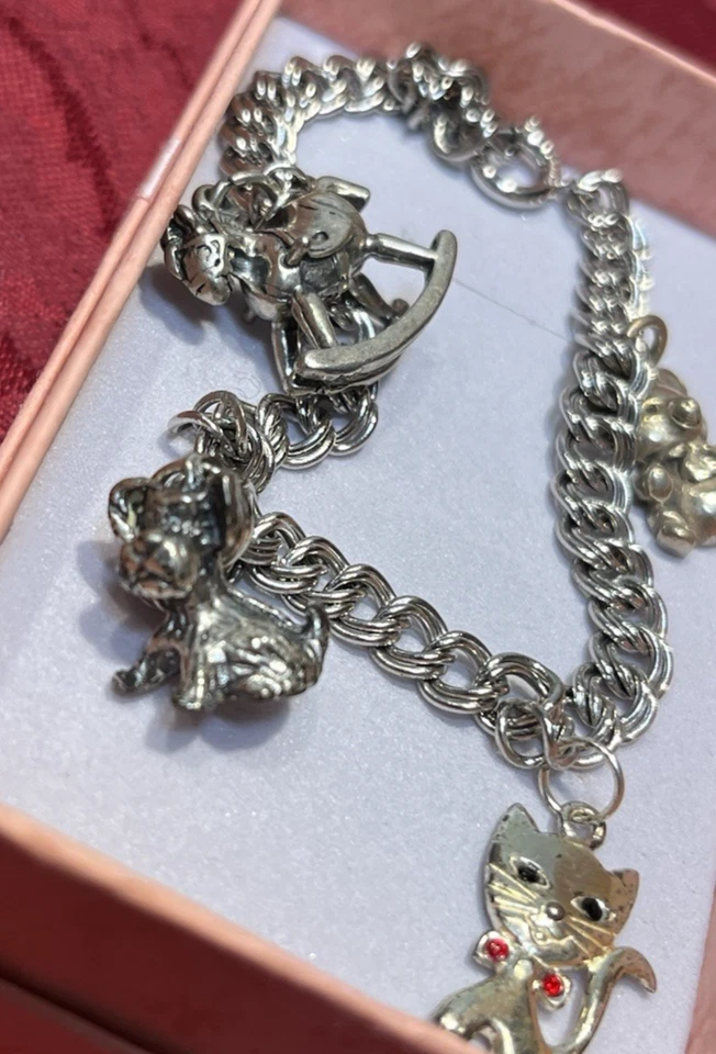Винтажный браслет из чистого серебра 925 пробы очаровательный мама с ребенком 4 подвески 8,5 дюйма L - Изображение 2 из 4