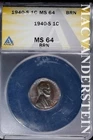 1940-S Lincoln Wheat Cent- ANACS MS 64 Brown- Lustrous- No Reserve #SLA1023