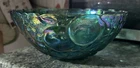 Vintage Indiana Carnival Glass Iridescent Blue 10-inch Bowl with Fruit Pattern