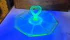 VINTAGE URANIUM GLASS GREEN DEPRESSION GLASS TIDBIT SERVER WITH HEART HANDLE