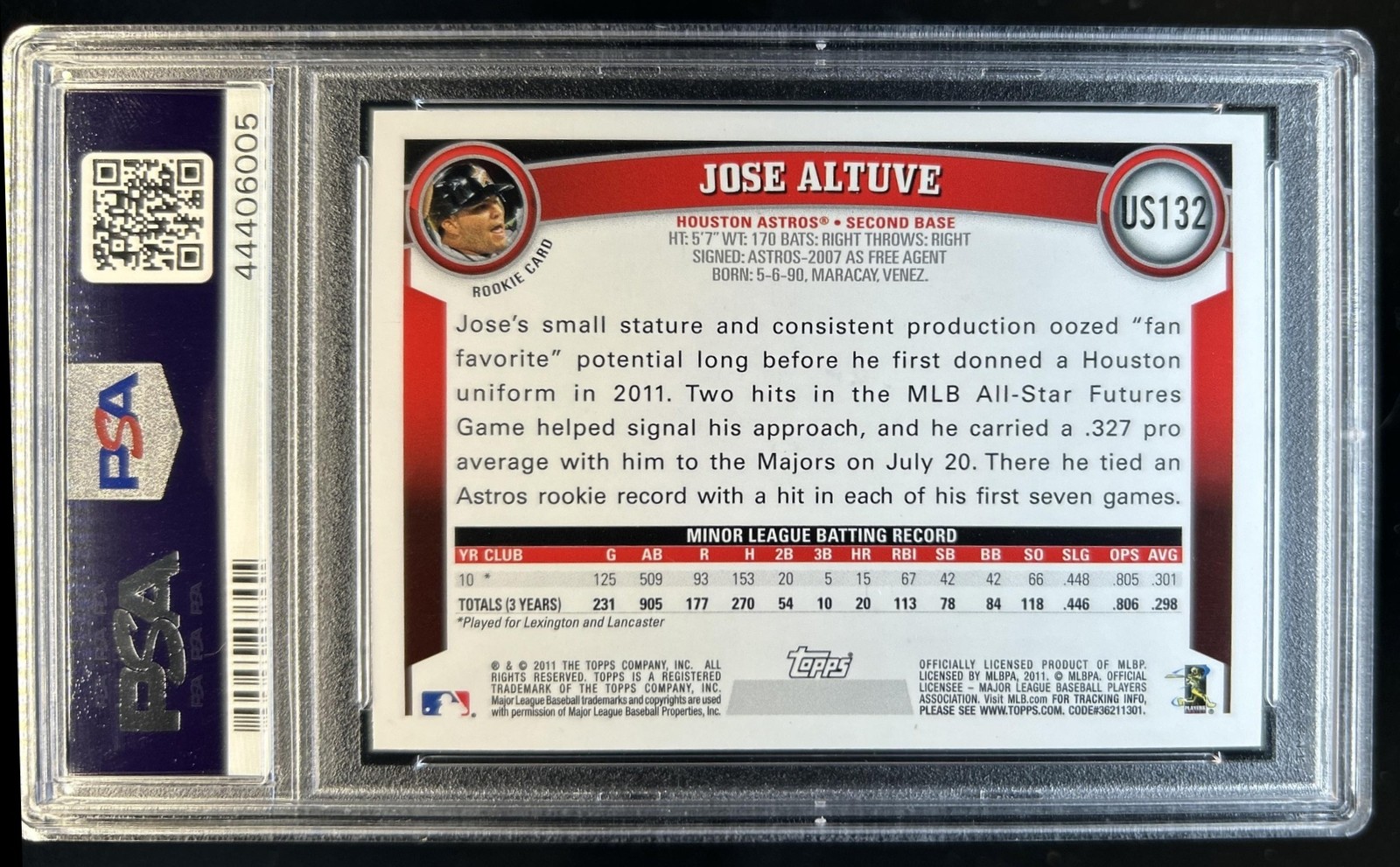2011 Topps Update Jose Altuve RC Rookie #US132 Astros PSA 10 GEM MINT view 2