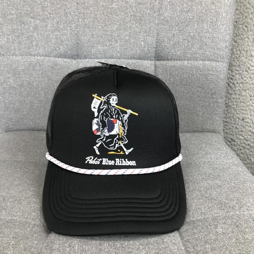 Pabst Blue Ribbon Hat Cap Trucker Snap Back One Size Black Mens Skull Beer Logo