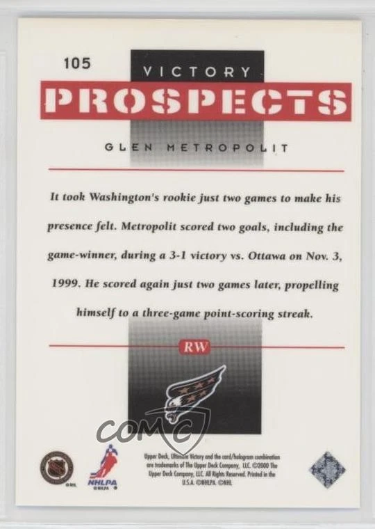 1999-00 Upper Deck Ultimate Victory Prospects Glen Metropolit #105 Rookie RC - Image 2 of 2