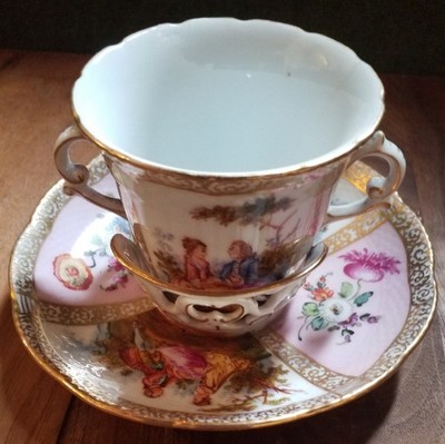 Antique Dresden Meissen Floral Watteau Scene Chocolate Trembleuse Cup & Saucer