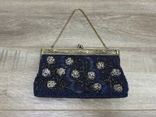 Vintage Intricate Beaded Navy Blue Gold Clasp Closure Hand Bag Purse Hong Kong