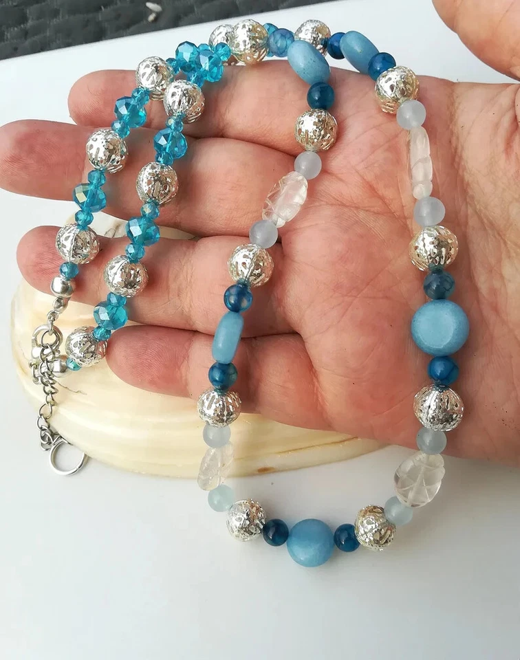 COLLANA ACQUAMARINA NATURALE, TOPAZIO AZZURRO, AGATA BLU E FILIGRANA D'ARGENTO - Immagine 3 di 4