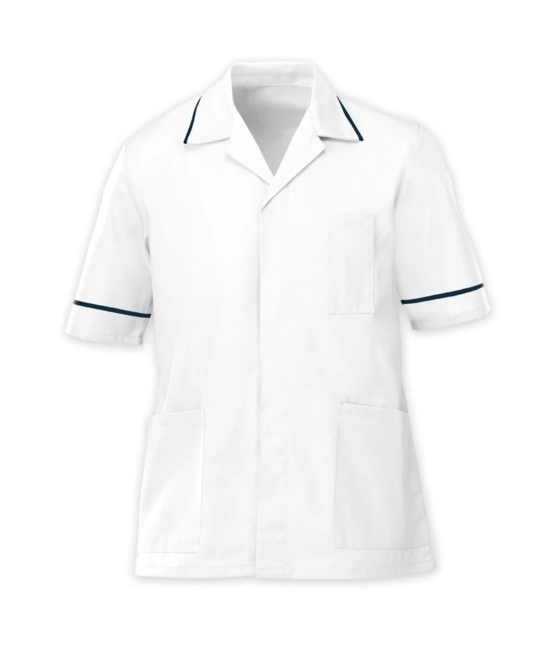 INSTEX MENS HEALTHCARE TUNIC MALE NURSE NHS DENTIST VET UNIFORM WHITE/NAVY TRIM INS37WH