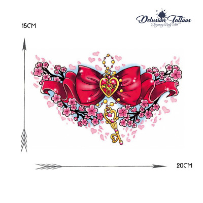 Tatouage Temporaire Réaliste - Grand Motif Rouge (nœud, Cœur, Marguerites) - 20x15 Cm - Delusion Tattoos - Neuf