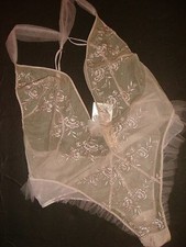 Victoria's Secret L TEDDY one-piece bodysuit Lilac Silver Embroidered taupe Mesh