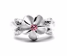 925 Sterling Silver Hawaiian Hibiscus Plumeria Ring CZ Single Shiny Leaves Band