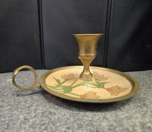 Vintage Brass Cloisonné Candle Stick with Handle