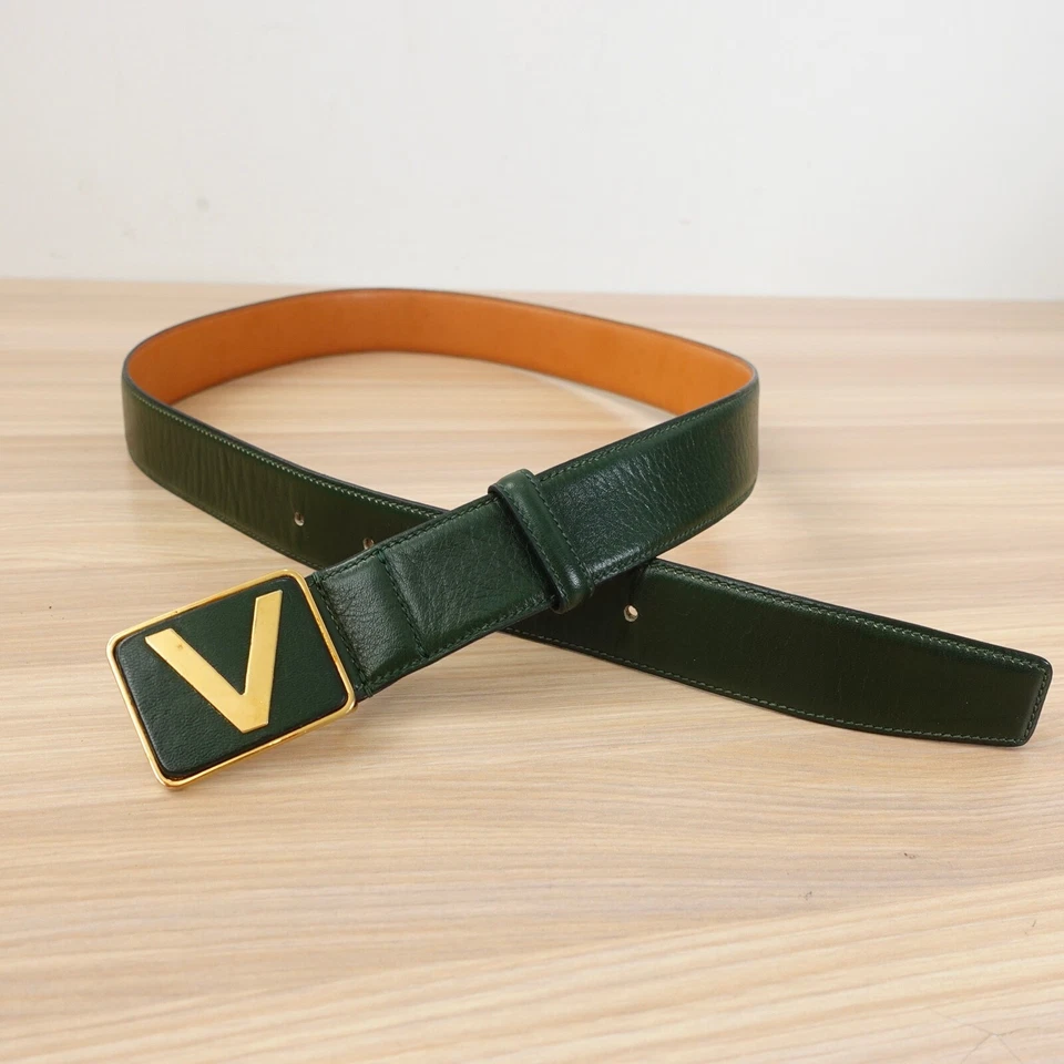 Cinturón VALENTINO Cuero Logo V Hebilla Dorada Monograma Medio Verde Lujo 80 32 Foto 2 de 4