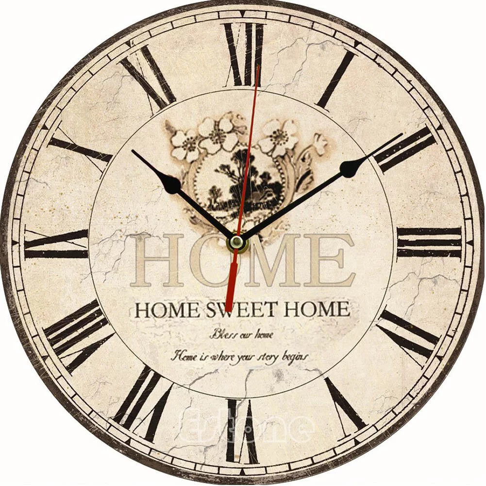 Large Vintage Rustic Wooden Wall Clock Kitchen Antique Shabby Chic Retro Home