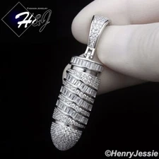 MEN SOLID 925 STERLING SILVER ICY BAGUETTE CZ 3D BULLET SHAPE PENDANT*SP473