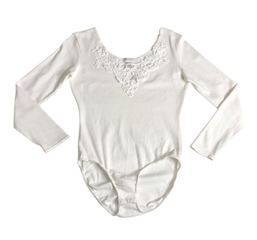 Vintage 90s Y2K Express Tricot Bodysuit Women's M Cream Crochet Cottagecore Boho