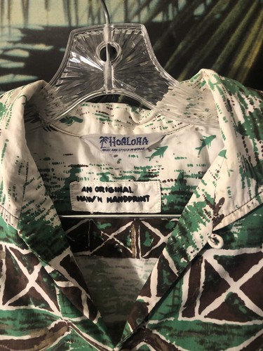 Camicia vintage STAMPATA A MANO HOALOHA hawaiana Aloha Tapa TIKI HAWAII SURF ANNI 60 - Foto 7 di 15