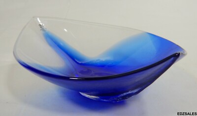 Mats Jonasson Signed Maleras Swedish Blue Clear Full Lead Crystal Dish