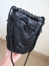 Vintage Drawstring Purse Evening Bag Bridal Lace  Satin Richmark Black