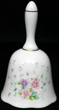 A World of Imports White Porcelain Bell Pink Purple Floral Design Scalloped Edge