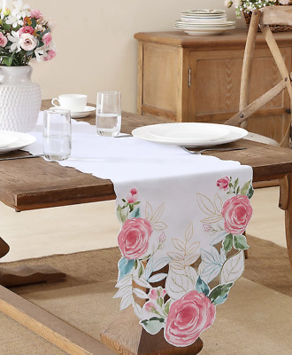 ELRENE VINTAGE ROSE CUTWORK FABRIC WHITE TABLE RUNNER 14''x72'' 100% POLYESTER NEW