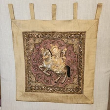 Vtg Thai Burmese Kalaga Tapestry Embroidered Warrior Glass Bead Wall Hanging Art